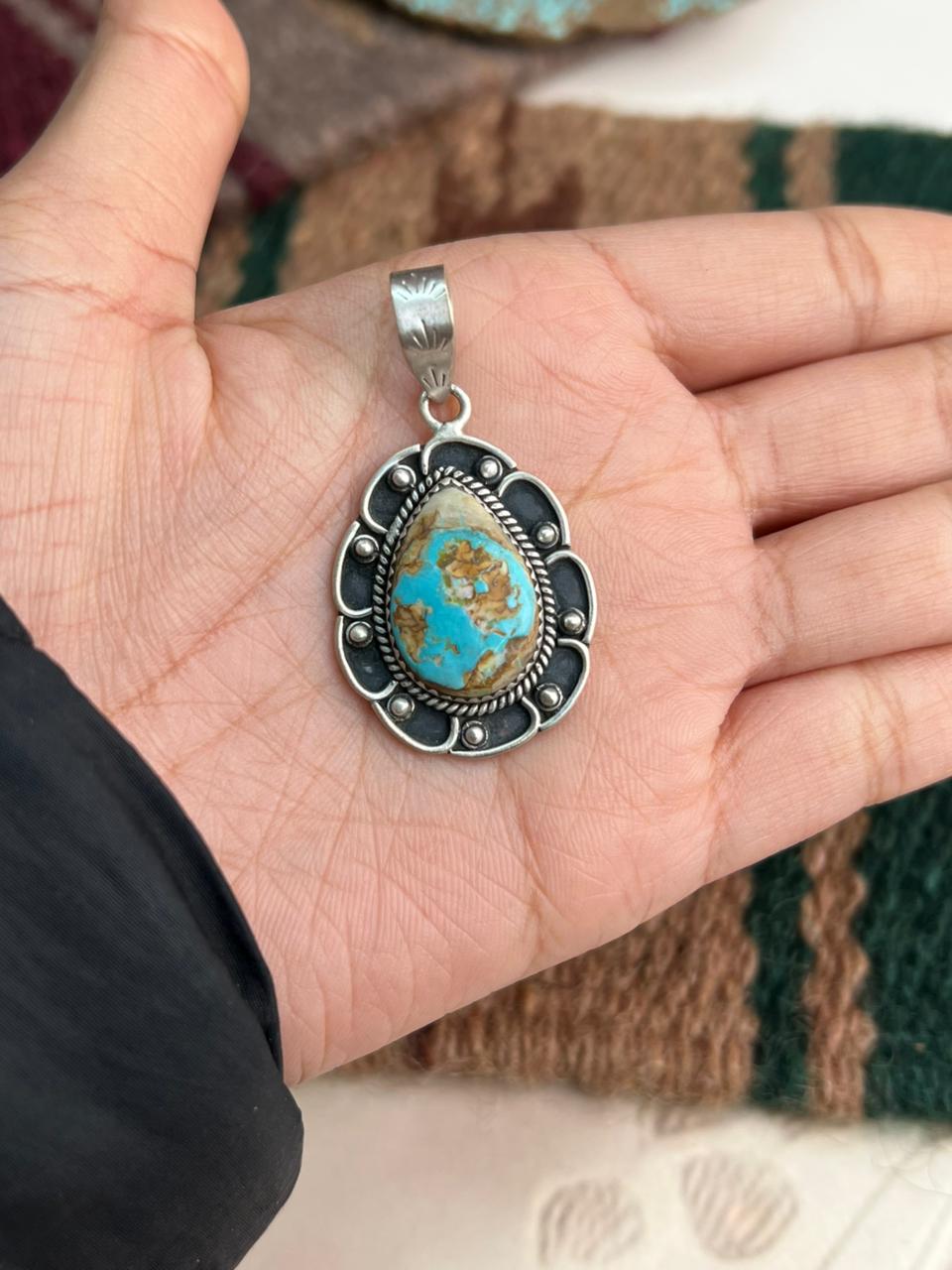 Handmade Sterling Silver Royston Ribbon Turquoise Pendant "Signed Nizhoni"