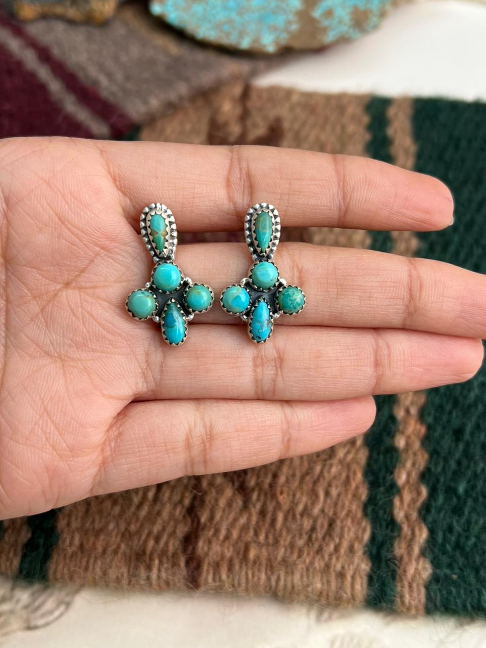 Handmade Sterling Silver Kingman Turquoise Post Dangle Earrings "Signed Nizhoni"