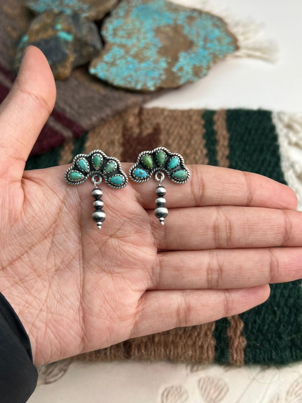 Handmade Sterling Silver Beaded Kingman Turquoise Post Dangle Earrings "Signed Nizhoni"