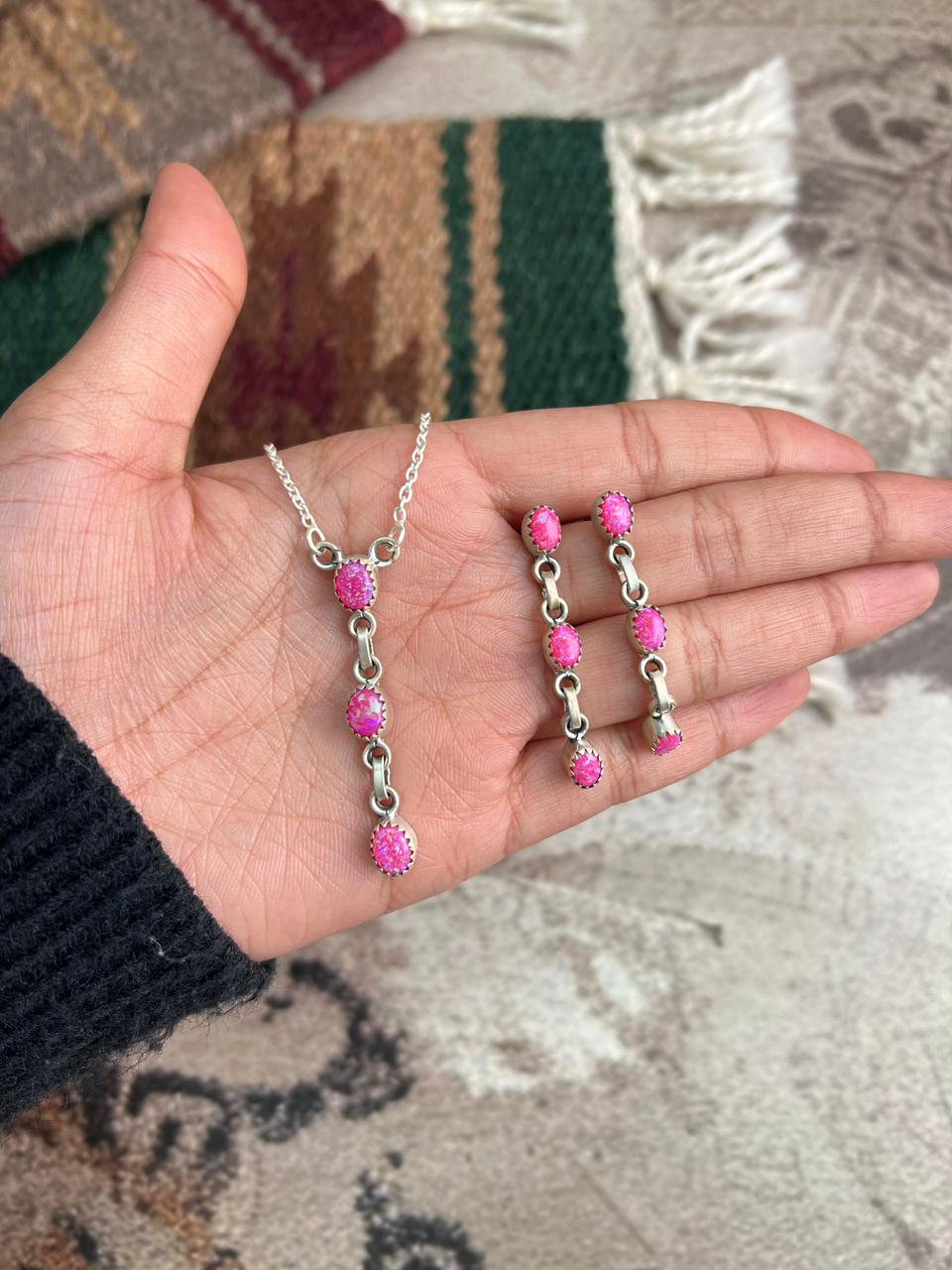 Handmade Sterling Silver Hot Pink Necklace Earrings Set "Signed Nizhoni"