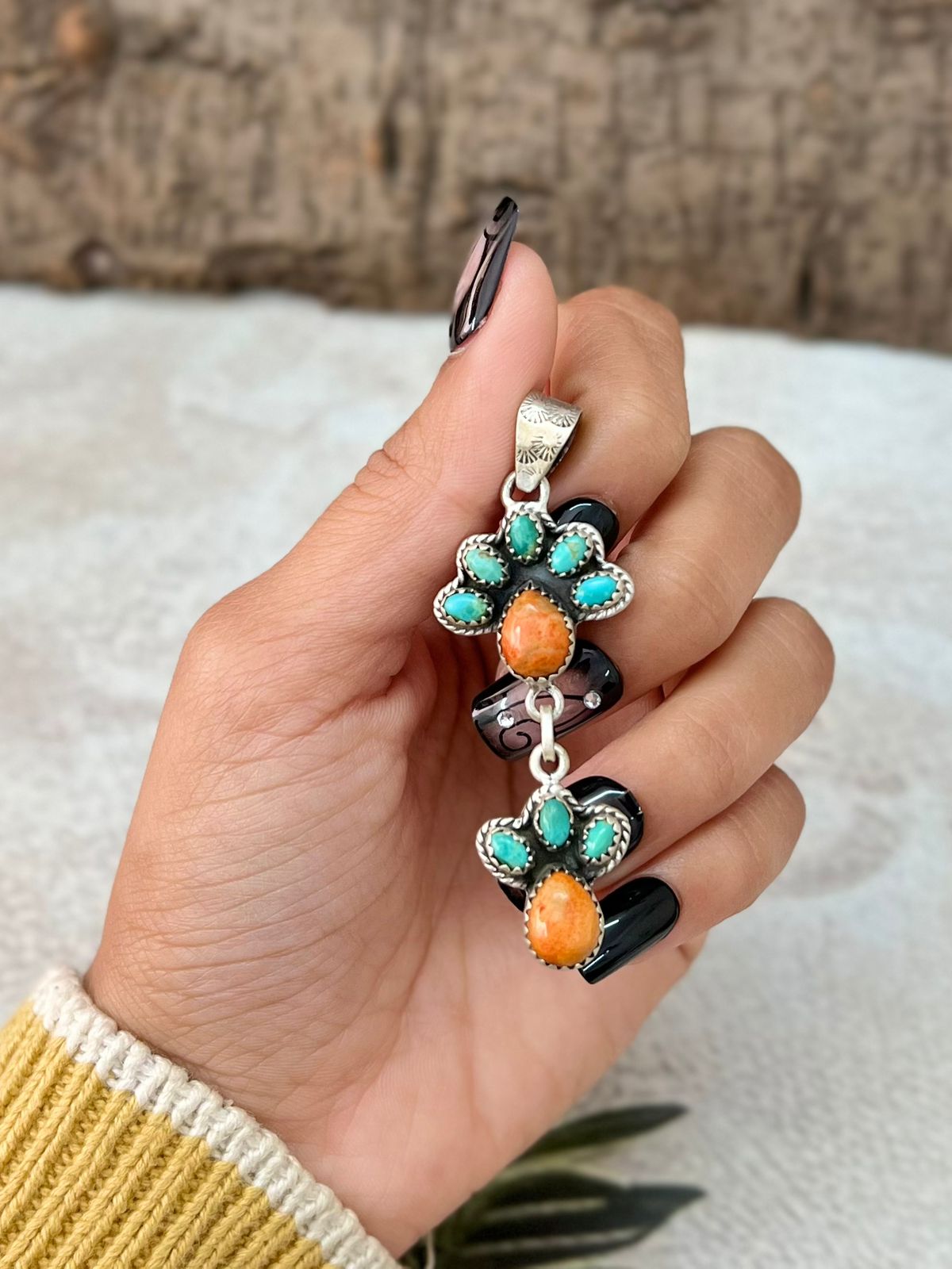 Handmade Sterling Silver Kingman with Orange Mojave Pendant "Signed Nizhoni"