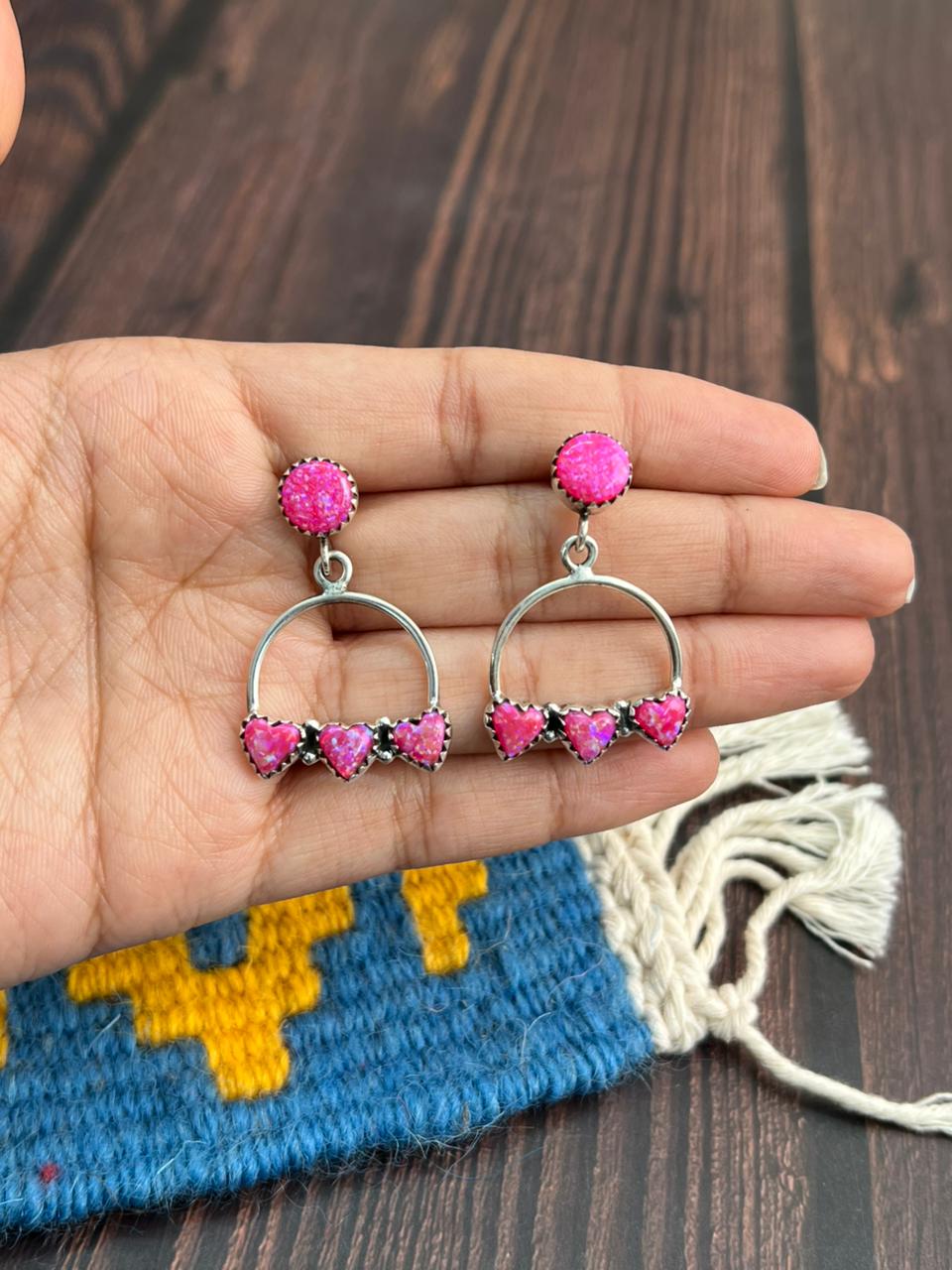 "Heart Collection" Handmade Sterling Silver Hot Pink Post Dangle Earrings "Signed Nizhoni"
