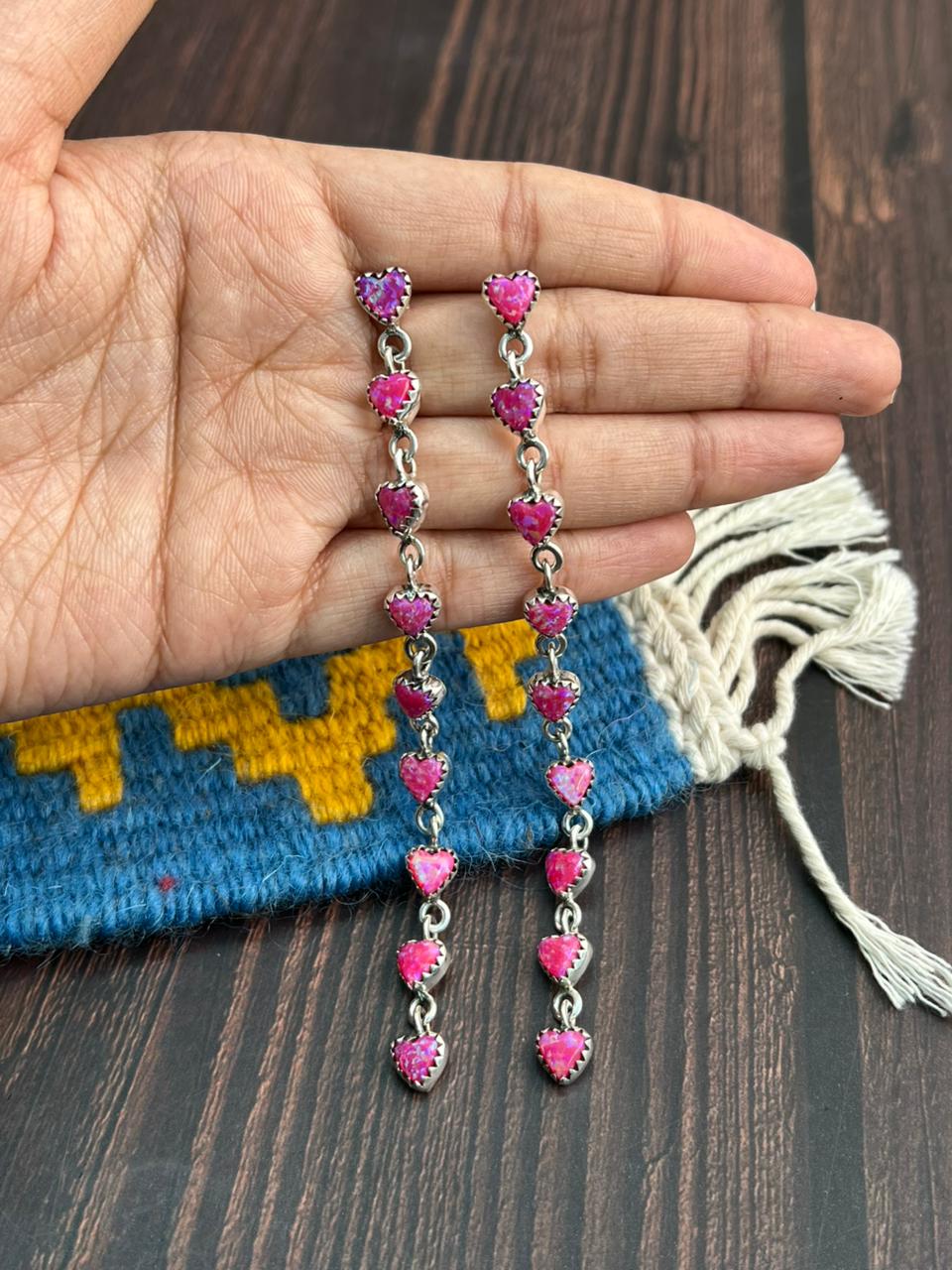 "Heart Collection" Handmade Sterling Silver Hot Pink Post Dangle  Earrings "Signed Nizhoni"