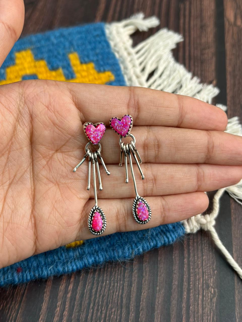 "Heart Collection" Handmade Sterling Silver Hot Pink Post Dangle Earrings "Signed Nizhoni"