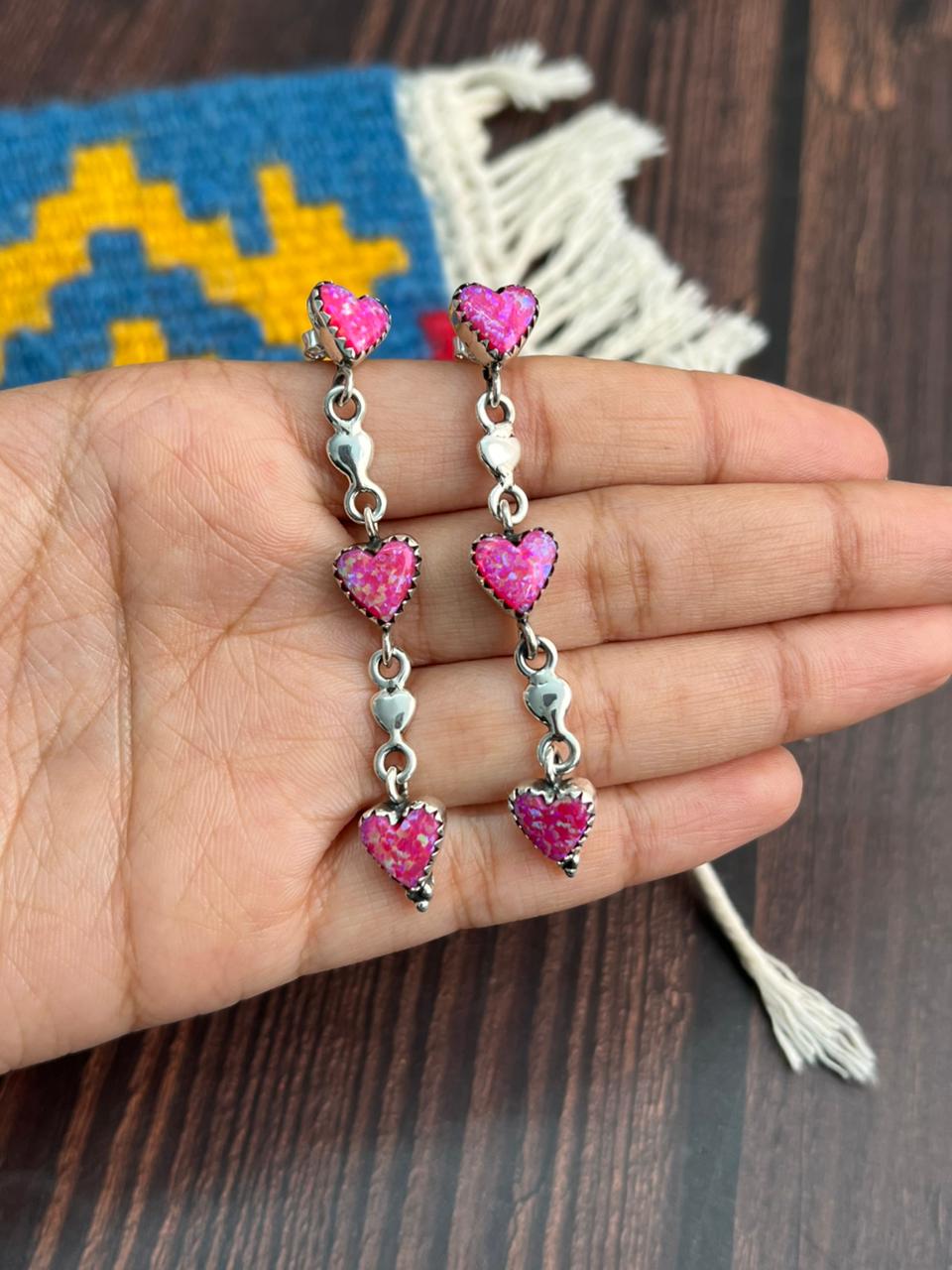 "Heart Collection" Handmade Sterling Silver Hot Pink Post Dangle Earrings "Signed Nizhoni"