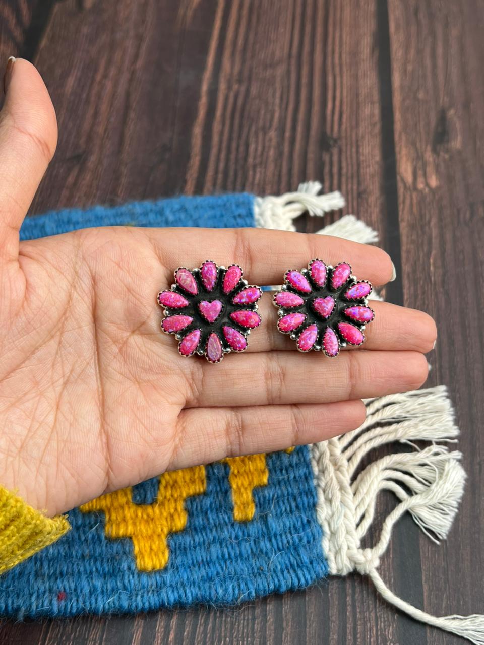 "Heart Collection" Handmade Sterling Silver Hot Pink Post Studs Earrings "Signed Nizhoni"