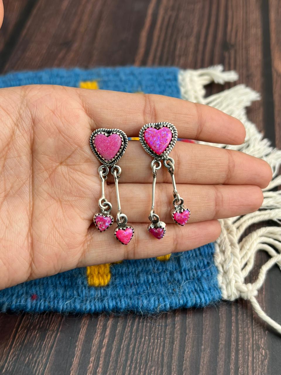 "Heart Collection" Handmade Sterling Silver Hot Pink Post Dangle Earrings "Signed Nizhoni"