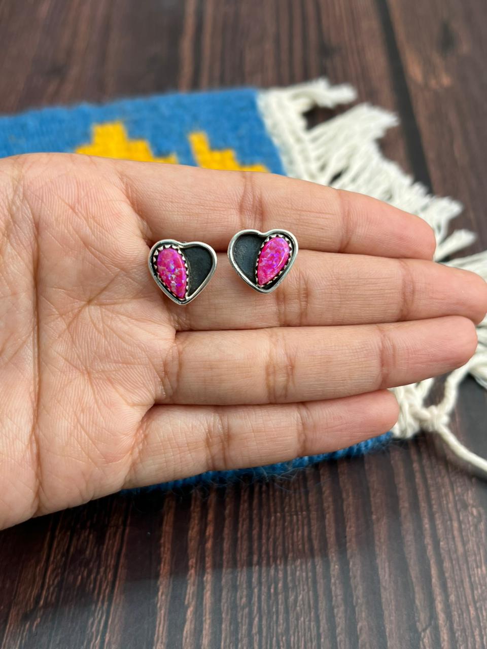 "Heart Collection" Handmade Sterling Silver Hot Pink Post Studs Earrings "Signed Nizhoni"