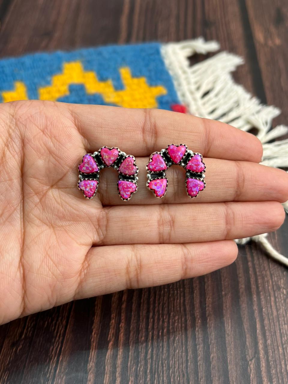 Handmade Sterling Silver Hot Pink Post Studs Earrings "Signed Nizhoni"