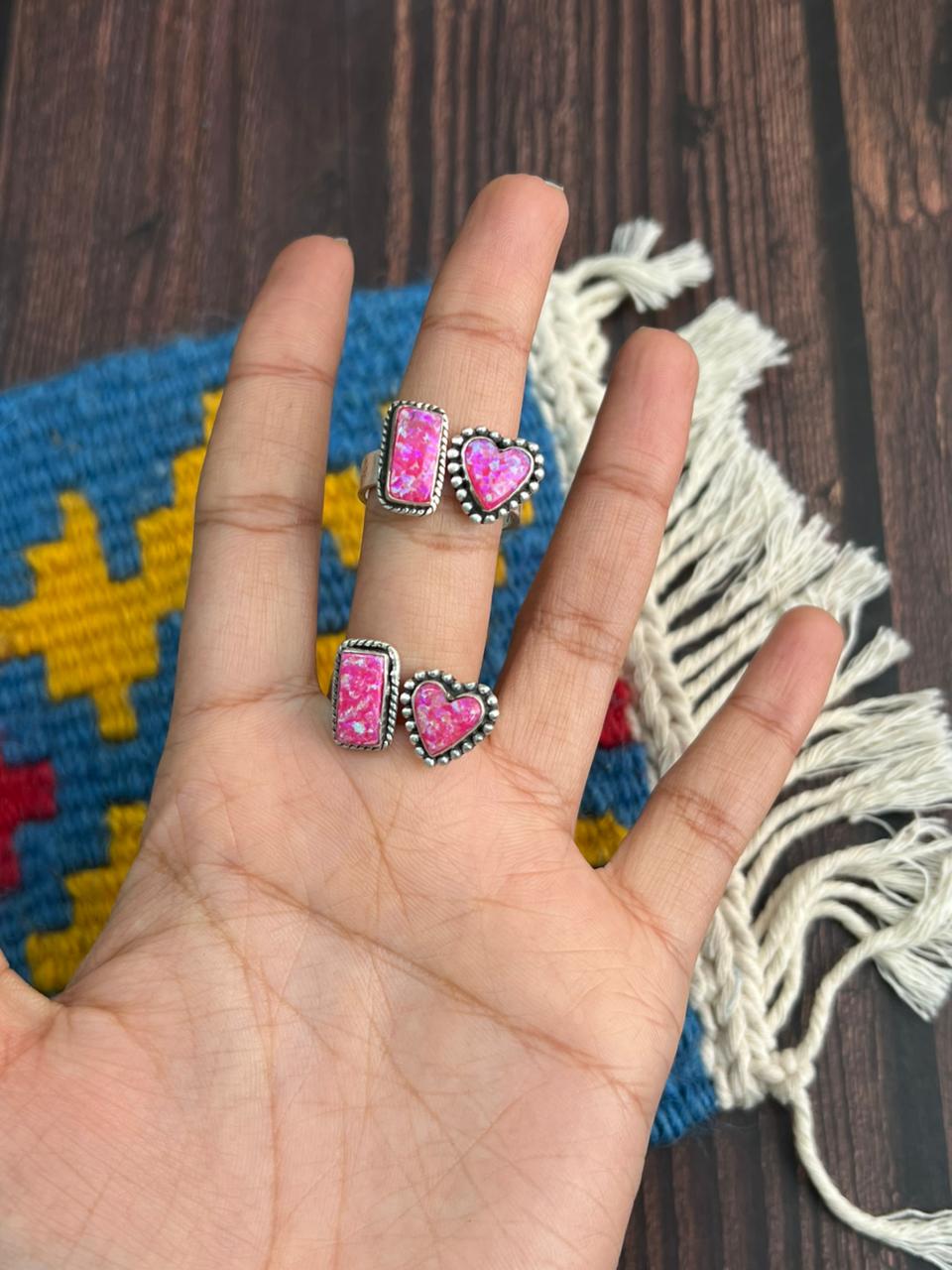 "Heart Collection" Handmade Sterling Silver Hot Pink Adjustable Ring "Signed Nizhoni"