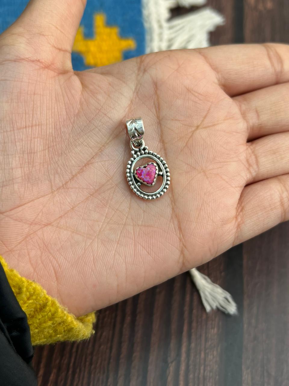 "Heart Collection" Handmade Sterling Silver Hot Pink Pendant "Signed Nizhoni"