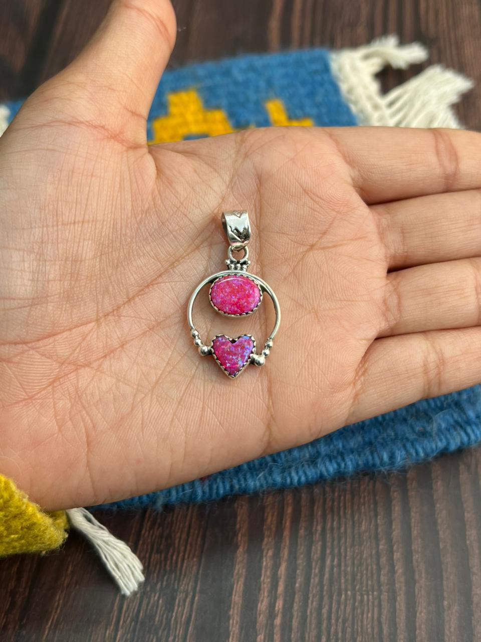 "Heart Collection" Handmade Sterling Silver Hot Pink Pendant "Signed Nizhoni"