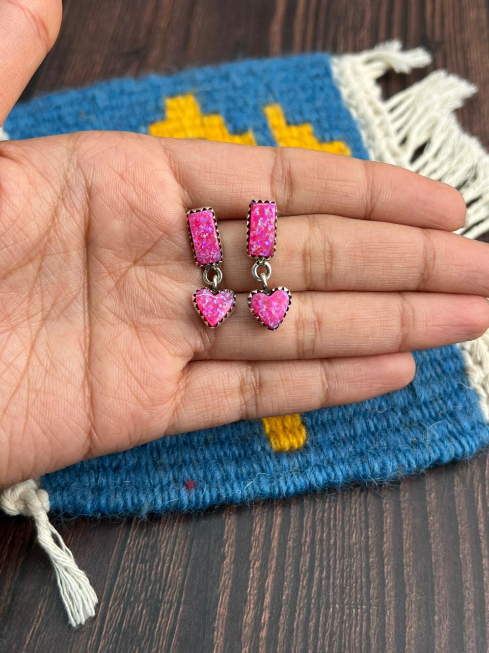 "Heart Collection" Handmade Sterling Silver Hot Pink Post Dangle Earrings "Signed Nizhoni"