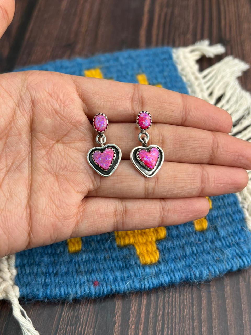 "Heart Collection" Handmade Sterling Silver Hot Pink Post Dangle Earrings "Signed Nizhoni"