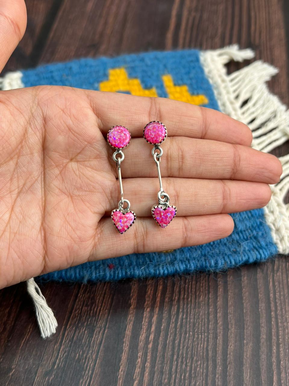 "Heart Collection" Handmade Sterling Silver Hot Pink Post Dangle Earrings "Signed Nizhoni"
