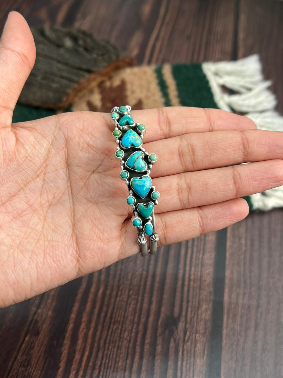 "Heart Collection" Handmade Sterling Silver Kingman Turquoise Bracelet "Signed Nizhoni"