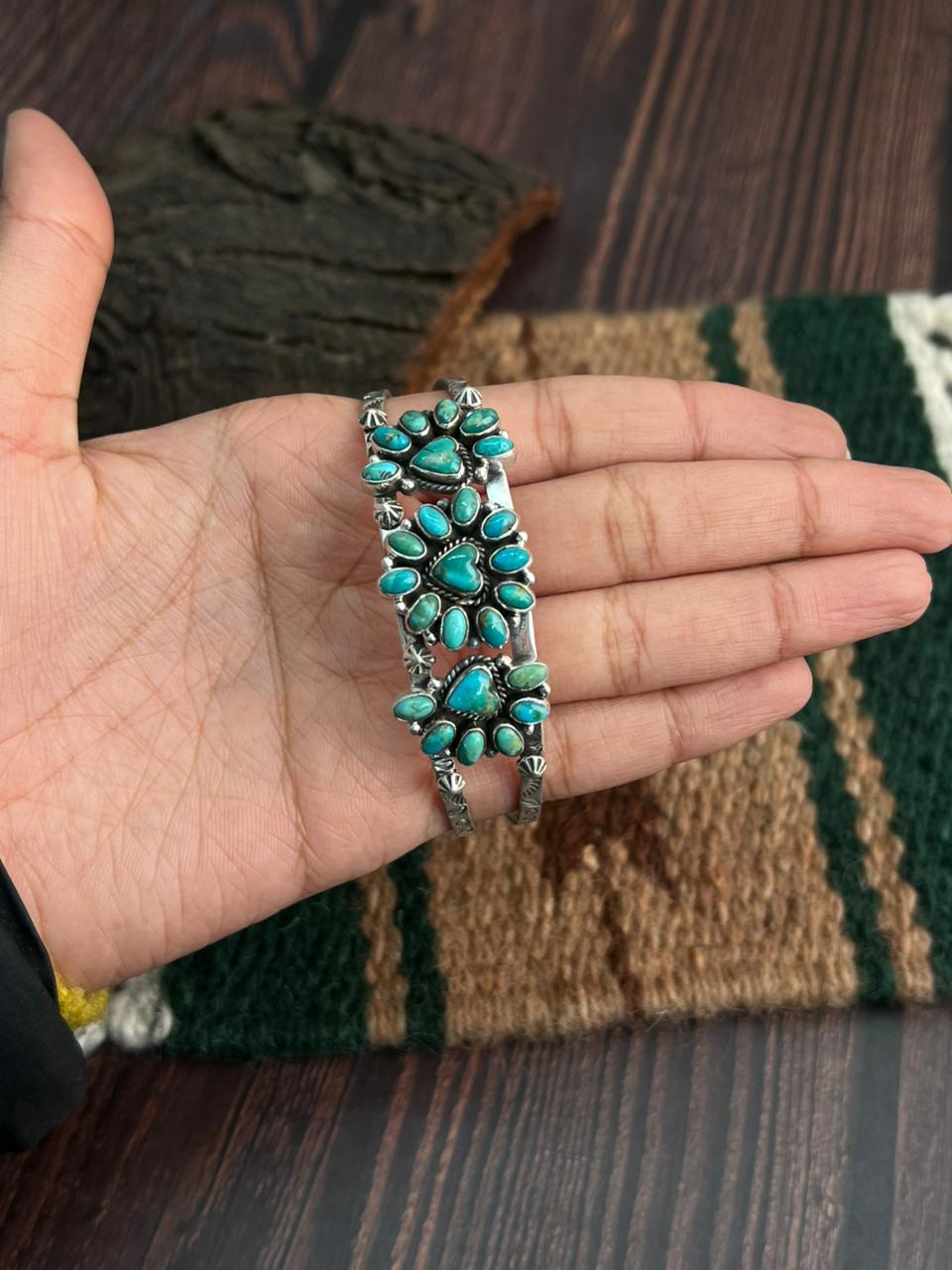 "Heart Collection" Handmade Sterling Silver Kingman Turquoise Bracelet "Signed Nizhoni"