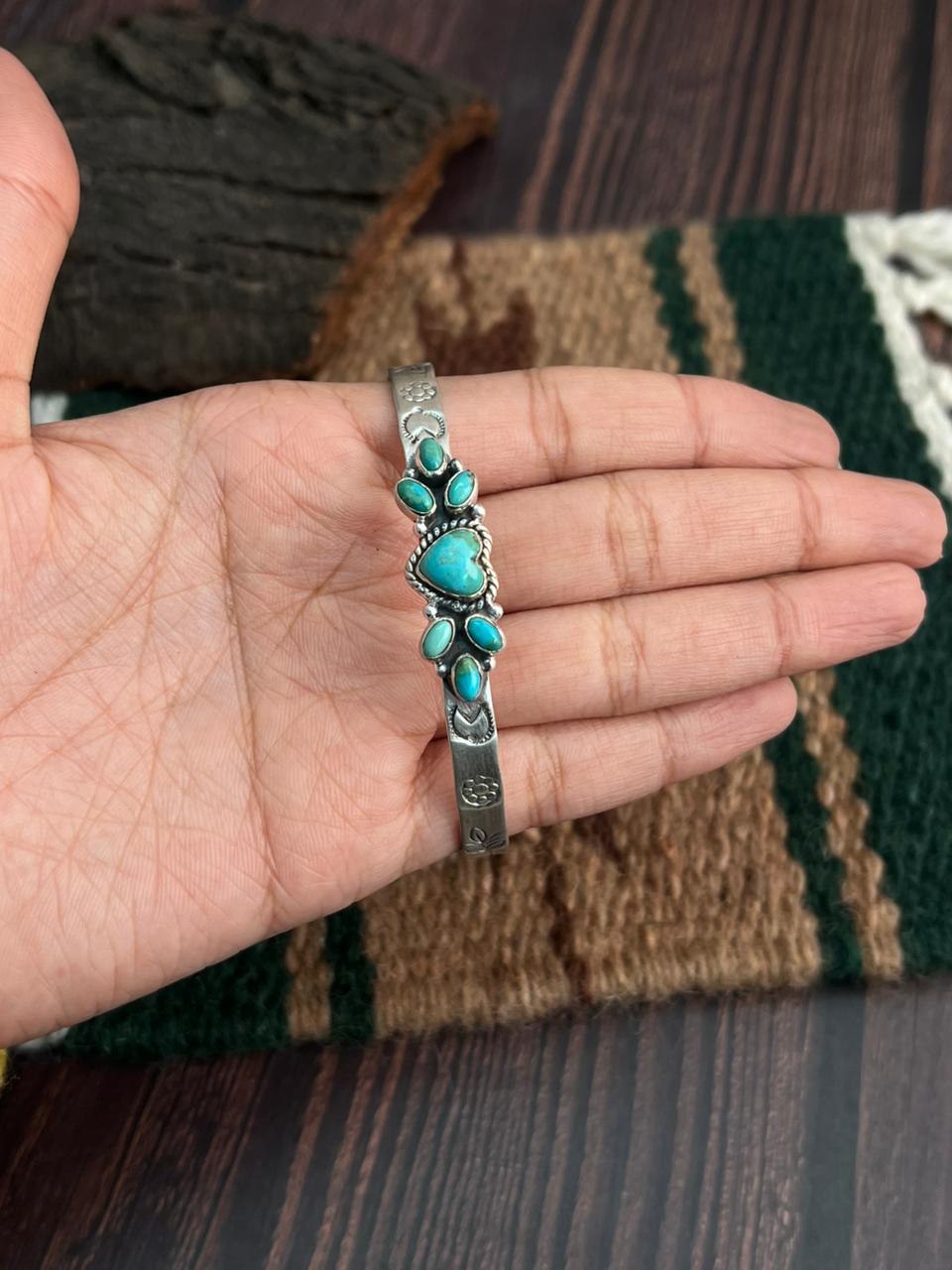 "Heart Collection" Handmade Sterling Silver Kingman Turquoise Bracelet "Signed Nizhoni"