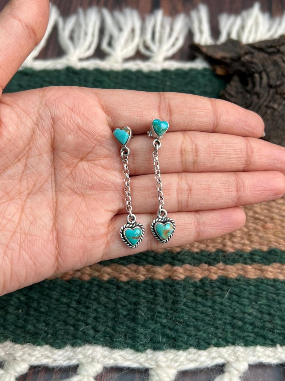 "Heart Collection" Handmade Sterling Silver Kingman Turquoise Post Dangle Earrings "Signed Nizhoni"