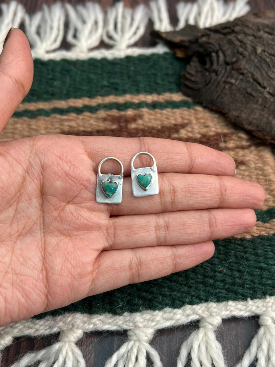 "Heart Collection" Handmade Sterling Silver Kingman Turquoise Post Studs Earrings "Signed Nizhoni"
