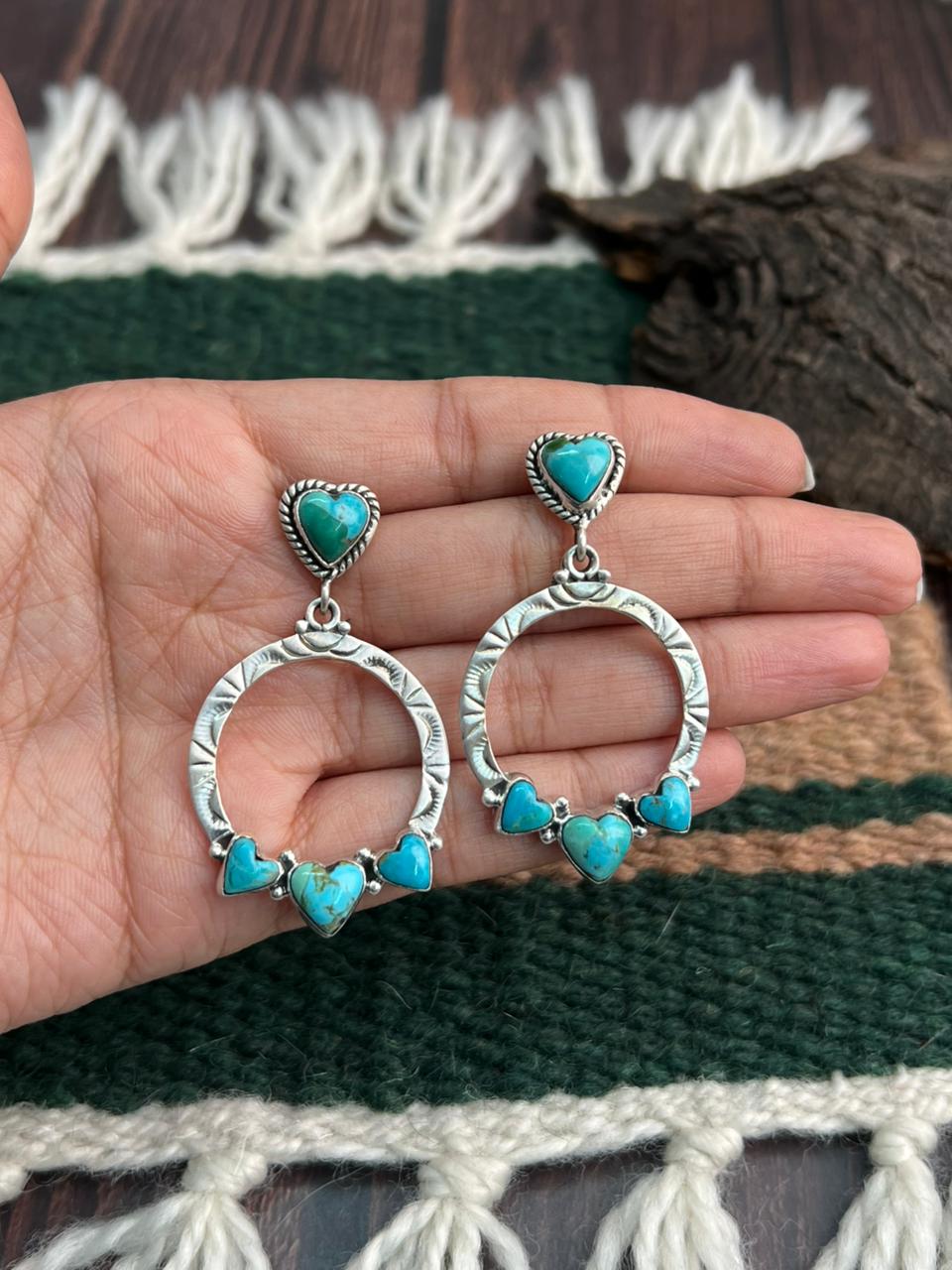 "Heart Collection" Handmade Sterling Silver Kingman Turquoise Post Dangle Hoop Earrings "Signed Nizhoni"
