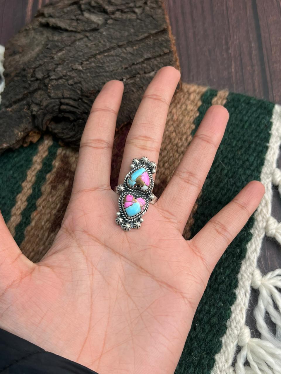 "Heart Collection" Handmade Sterling Silver Cotton Candy Adjustable Ring "Signed Nizhoni"