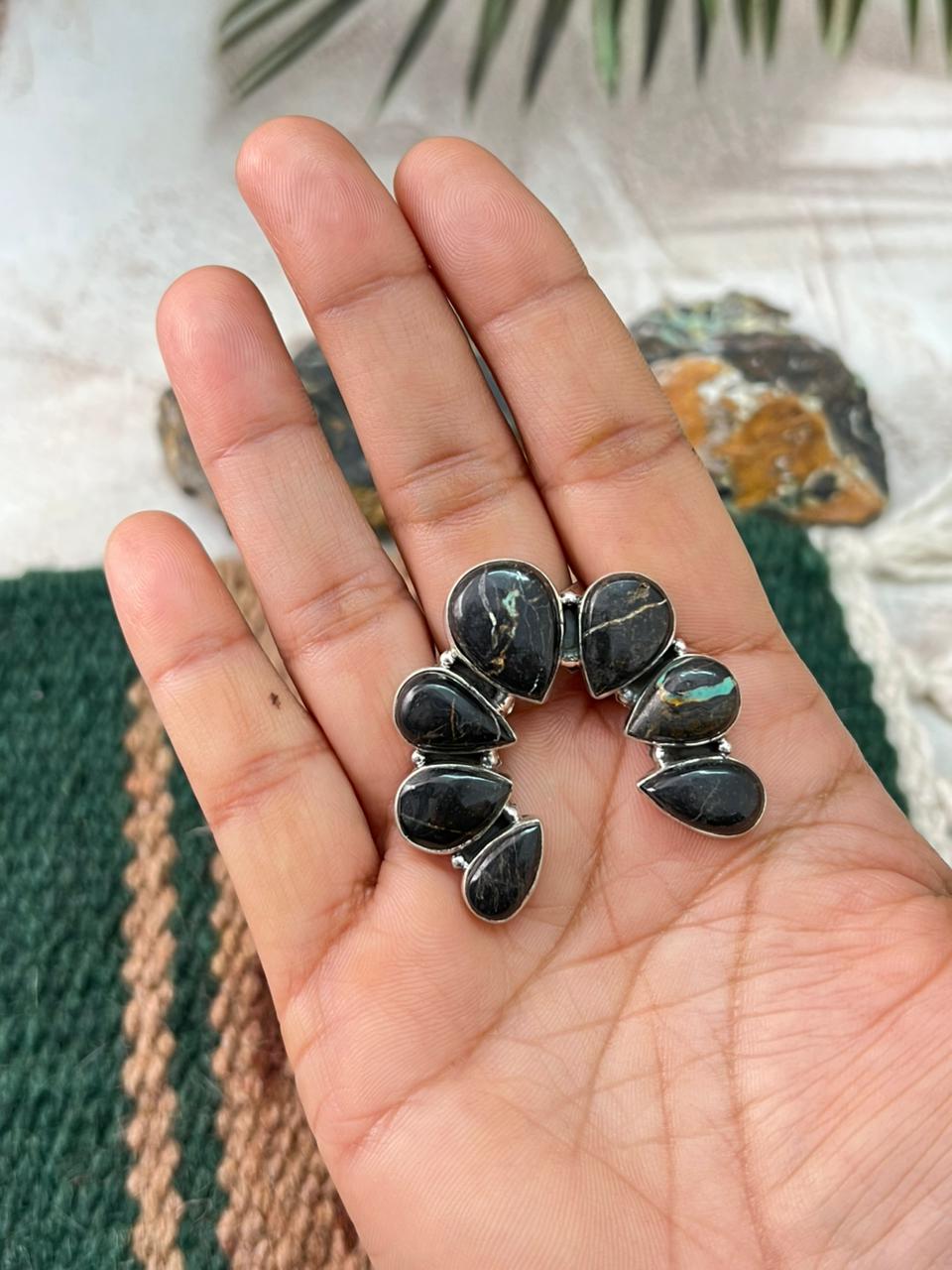 Handmade Sterling Silver Blackjack Turquoise Adjustable Ring " Signed Nizhoni"