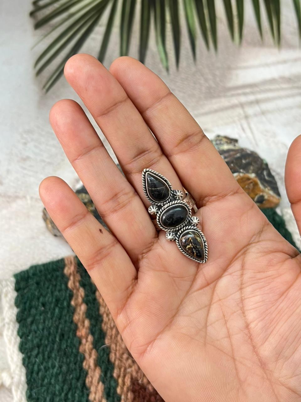 Handmade Sterling Silver Blackjack Turquoise Adjustable Ring " Signed Nizhoni"