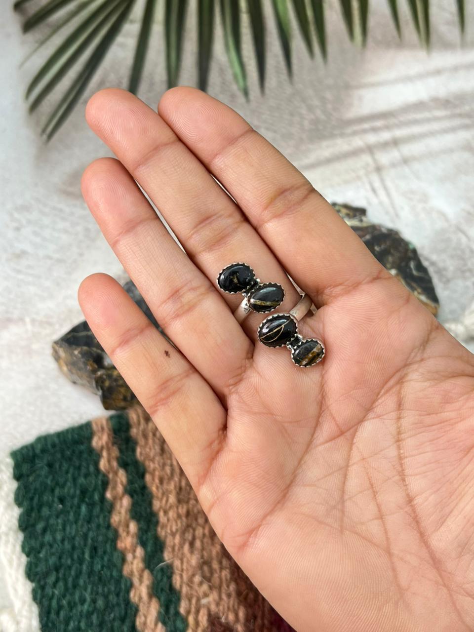 Handmade Sterling Silver Blackjack Turquoise Adjustable Ring " Signed Nizhoni"