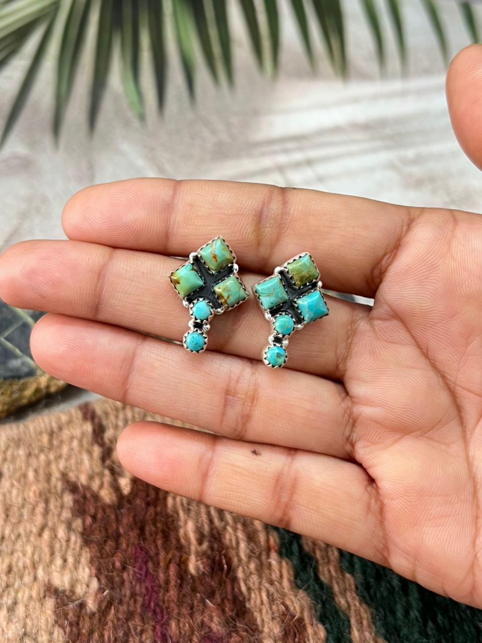 Handmade Sterling Silver Kingman Turquoise Post Studs Earrings "Signed Nizhoni"