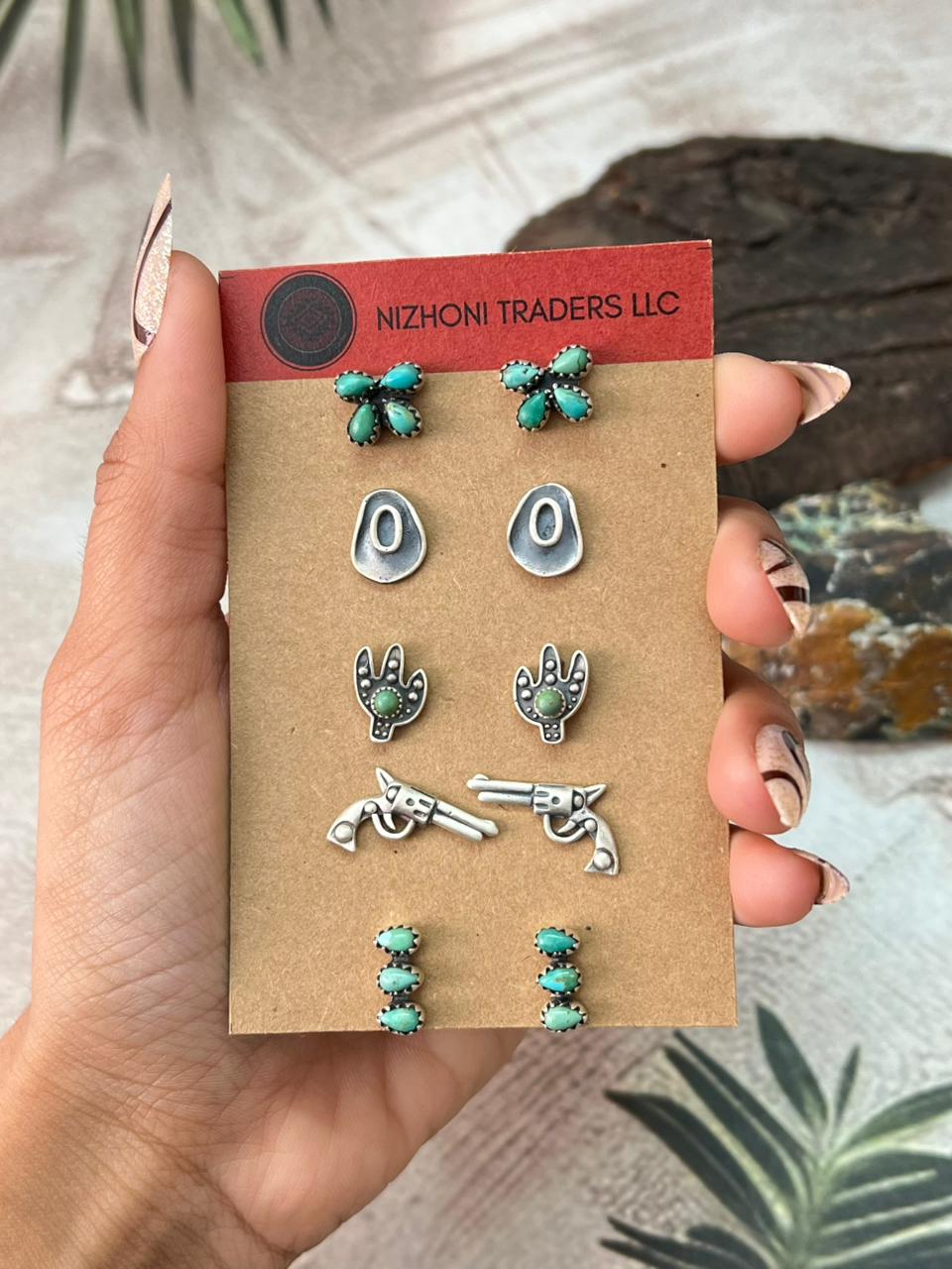 Handmade Sterling Silver Kingman Turquoise Post Studs Earrings Set