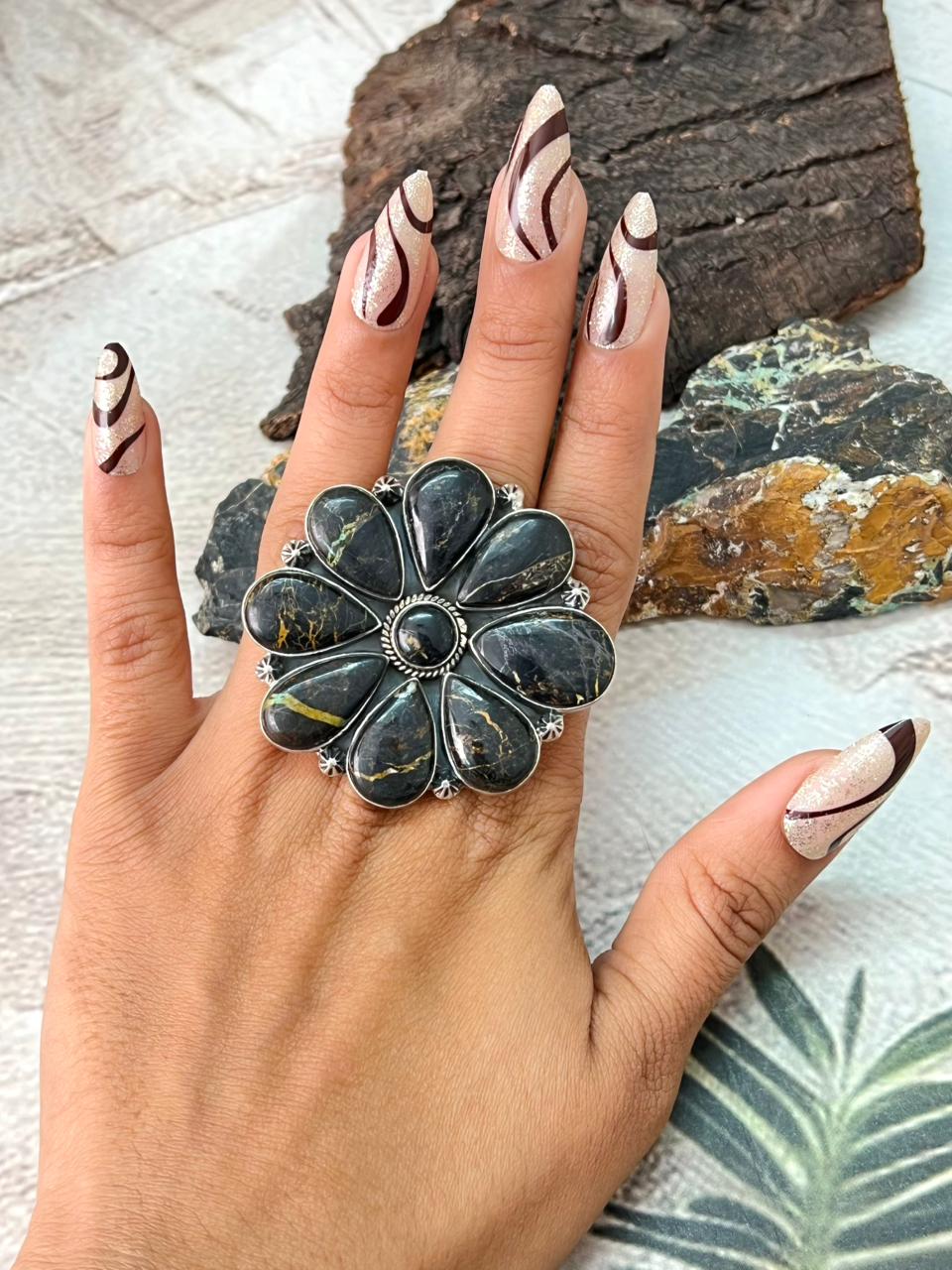 Handmade Sterling Silver Blackjack Turquoise Adjustable Ring " Signed Nizhoni"