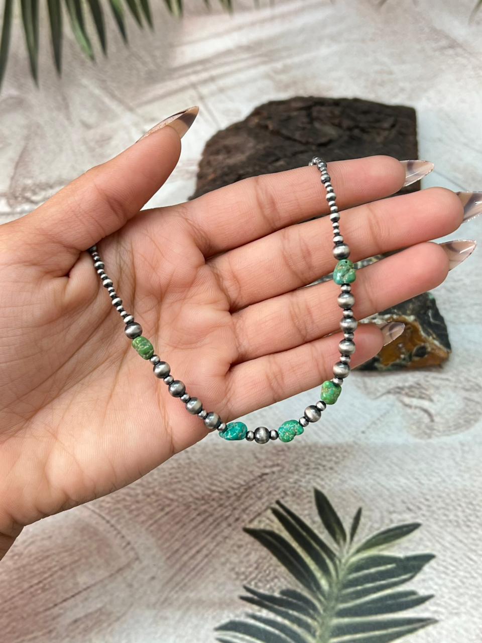 Handmade Sterling Silver Beaded Emerald Valley Turquoise Necklace "Signed Nizhoni"