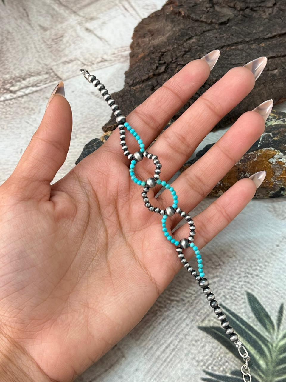 Handmade Sterling Silver Beaded Kingman Turquoise Bracelet