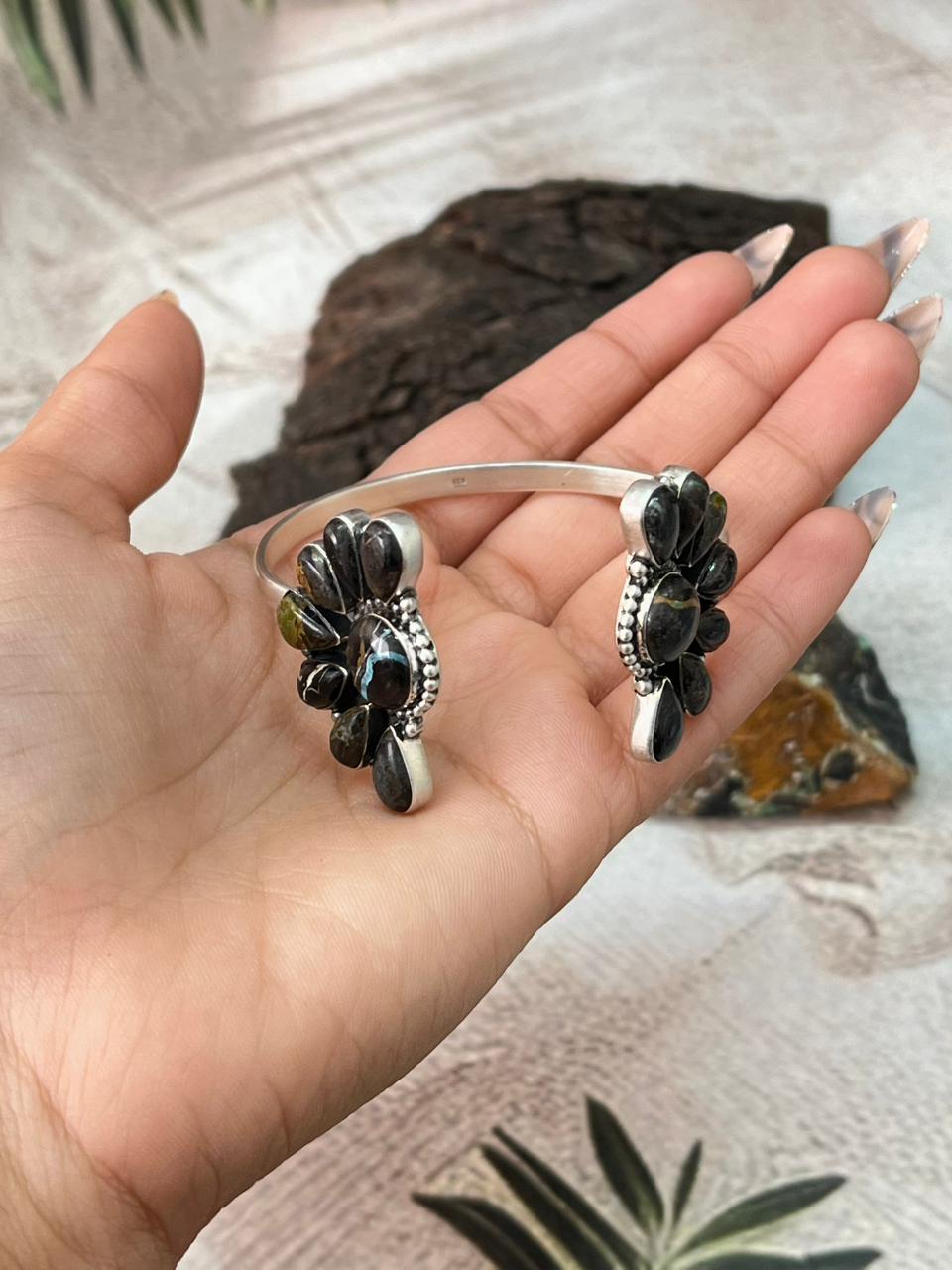 Handmade Sterling Silver Blackjack Turquoise Cuff Bracelet "Signed Nizhoni"