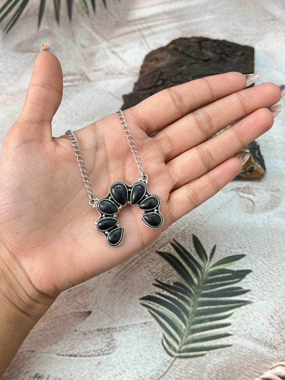 Handmade Sterling Silver Blackjack Turquoise Naja Necklace "Signed Nizhoni"