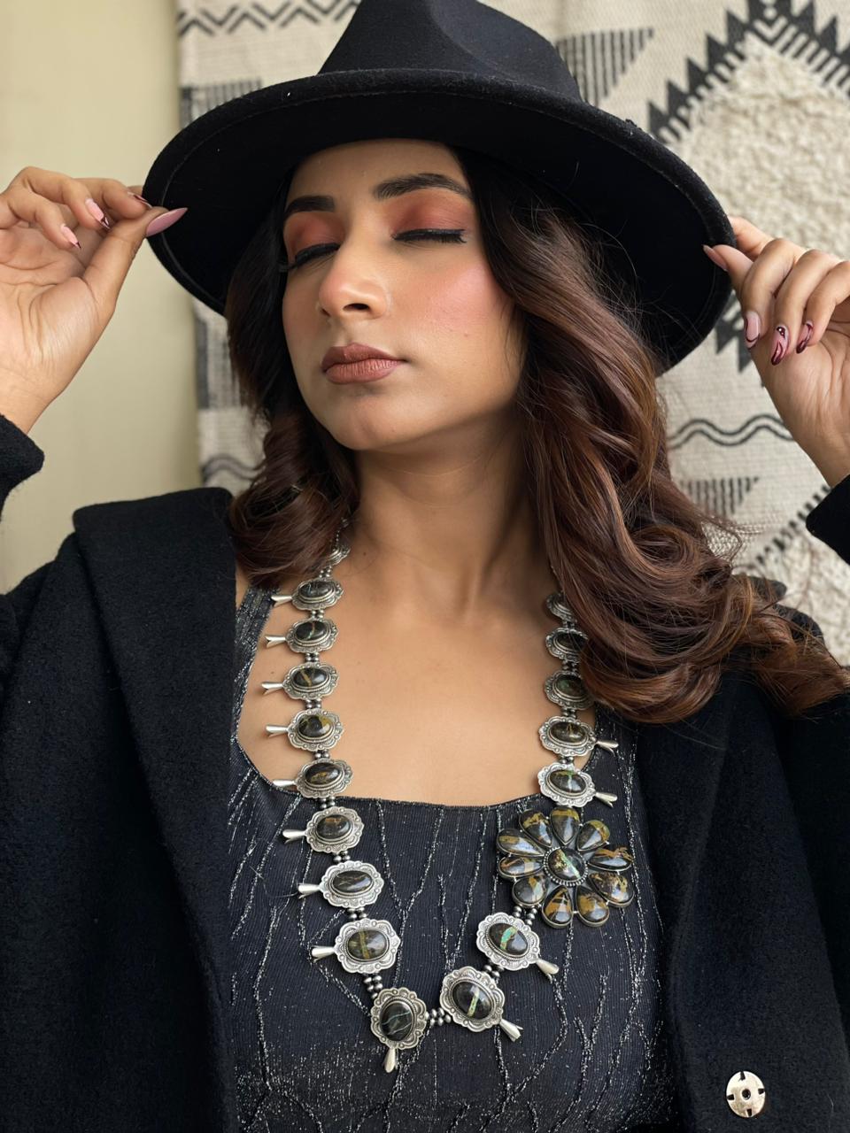 Handmade Sterling Silver Beaded Blackjack Turquoise Necklace "Signed Nizhoni"