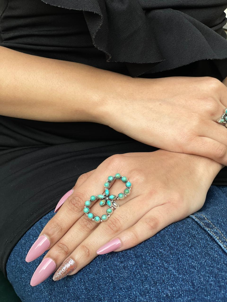 Handmade Sterling Silver Kingman Turquoise Adjustable Ring "Signed Nizhoni"