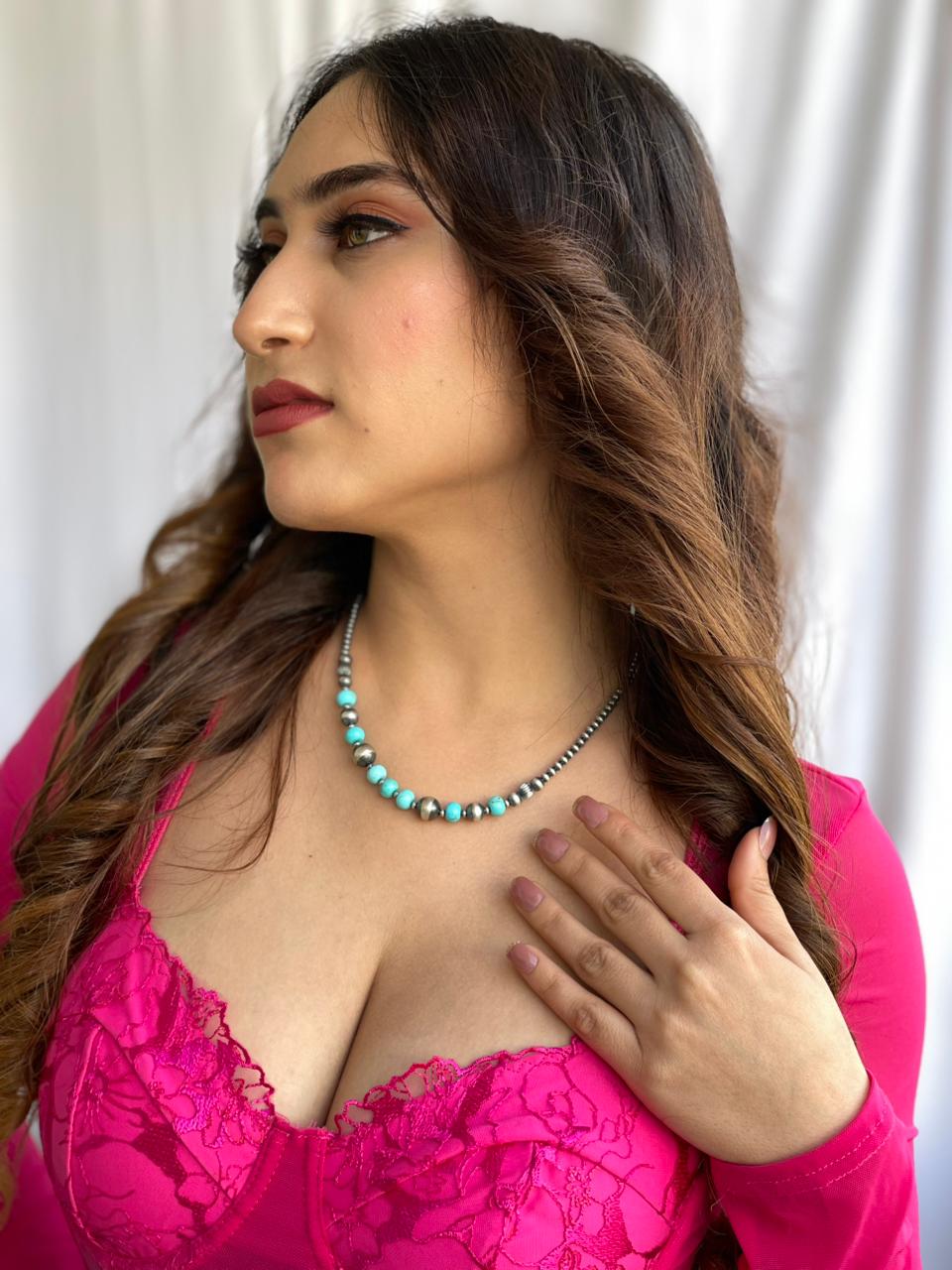 Handmade Sterling Silver Kingman Turquoise Beaded Necklace "Signed Nizhoni"