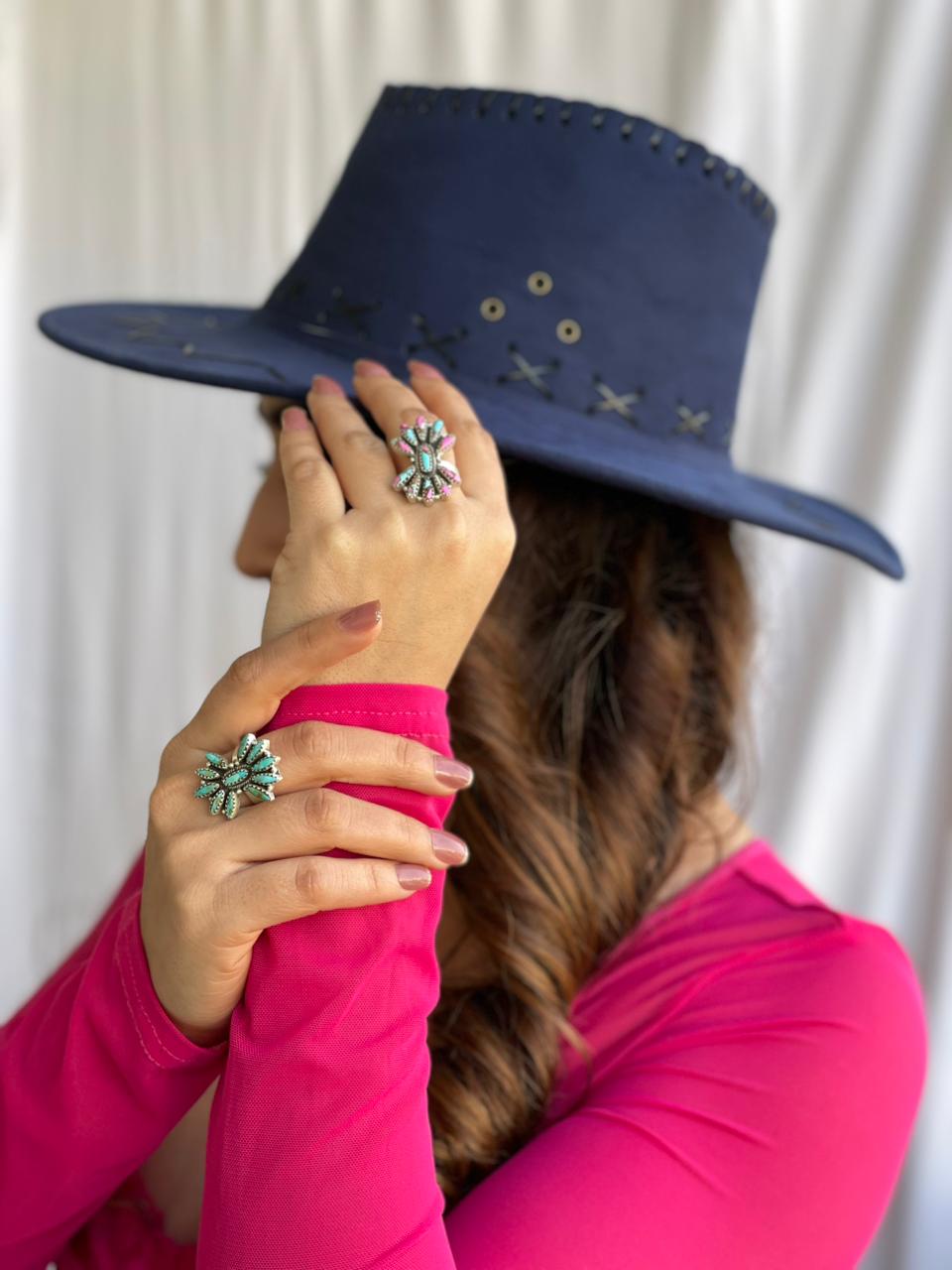 Handmade Sterling Silver Kingman Turquoise and Cotton Candy Adjustable Ring "Signed Nizhoni"