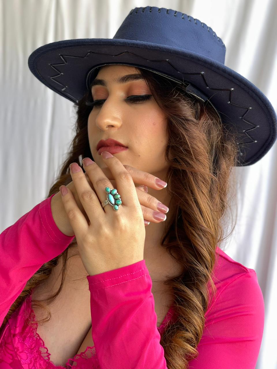 Handmade Sterling Silver Emerald Valley with Santa Maria Turquoise Adjustable Ring "Signed Nizhoni"