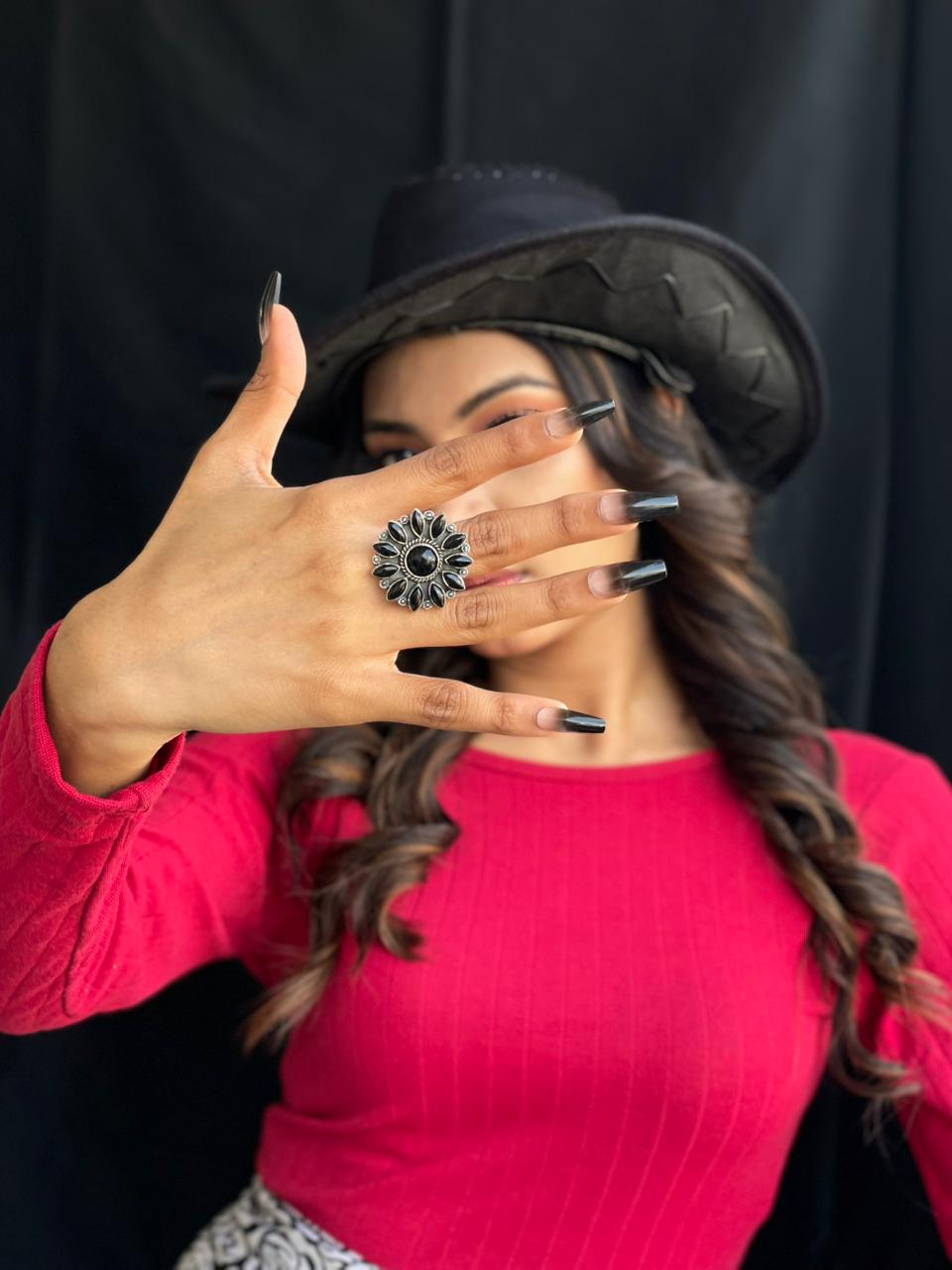 Handmade Sterling Silver Black Onyx Adjustable Ring "Signed Nizhoni"