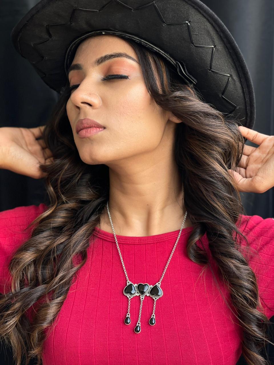 Handmade Sterling Silver Black Onyx Heart Shape Drop Necklace "Signed Nizhoni"