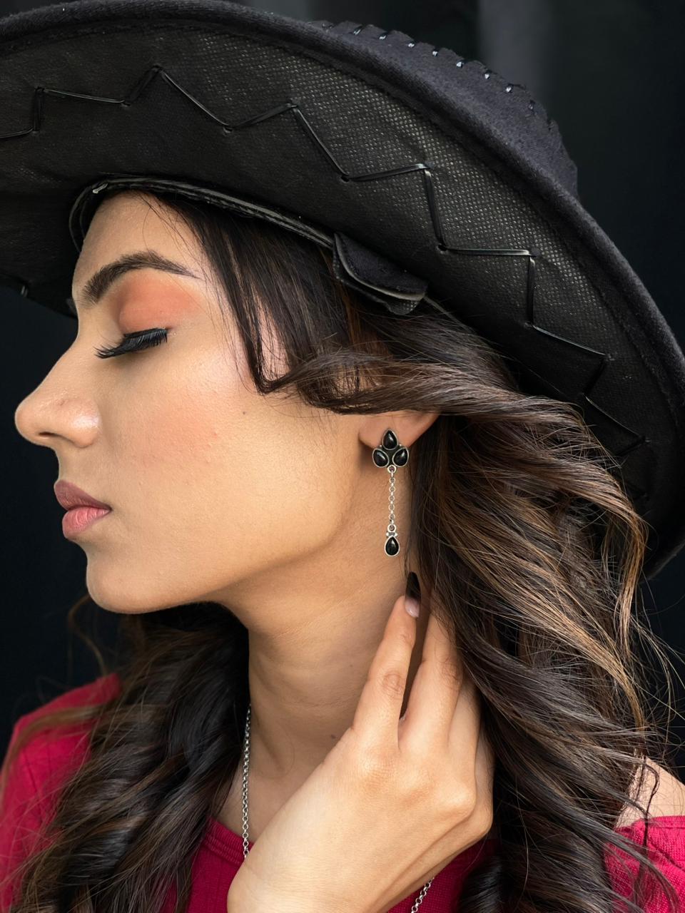 Handmade Sterling Silver Black Onyx Post Dangle Earrings "Signed Nizhoni"