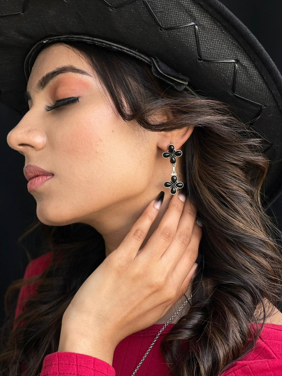 Handmade Sterling Silver Black Onyx Post Dangle Earrings "Signed Nizhoni"