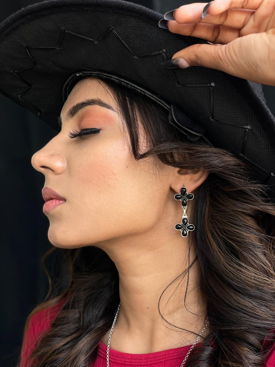 Handmade Sterling Silver Black Onyx Post Dangle Earrings "Signed Nizhoni"