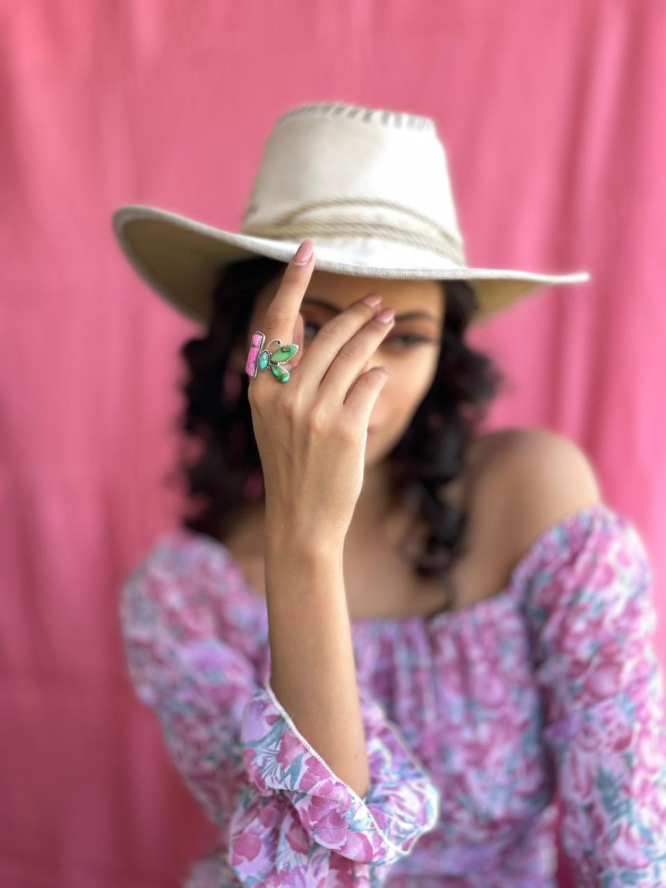 Handmade Sterling Silver Spring Collection: Sonoran Mountain Turquoise with Cotton Candy Butterfly Adjustable Ring "Signed Nizhoni"