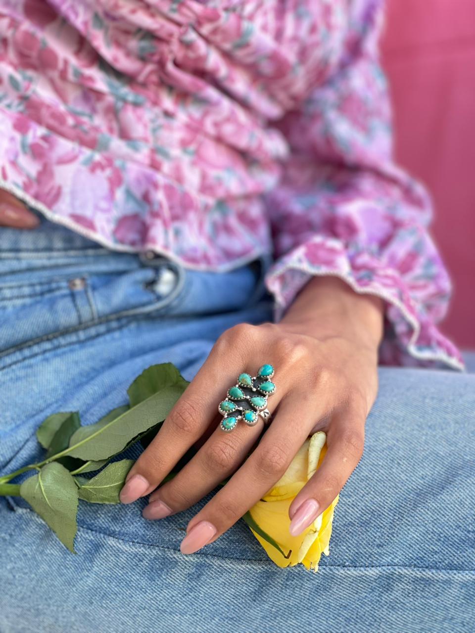 Handmade Sterling Silver Kingman Turquoise Adjustable Ring "Signed Nizhoni"