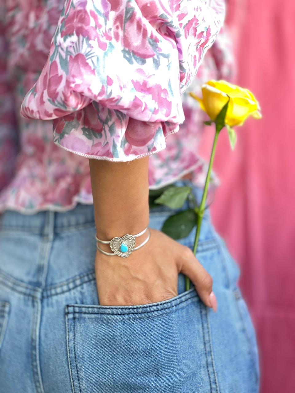 Handmade Sterling Silver Kingman Turquoise Heart Bracelet "Signed Nizhoni"