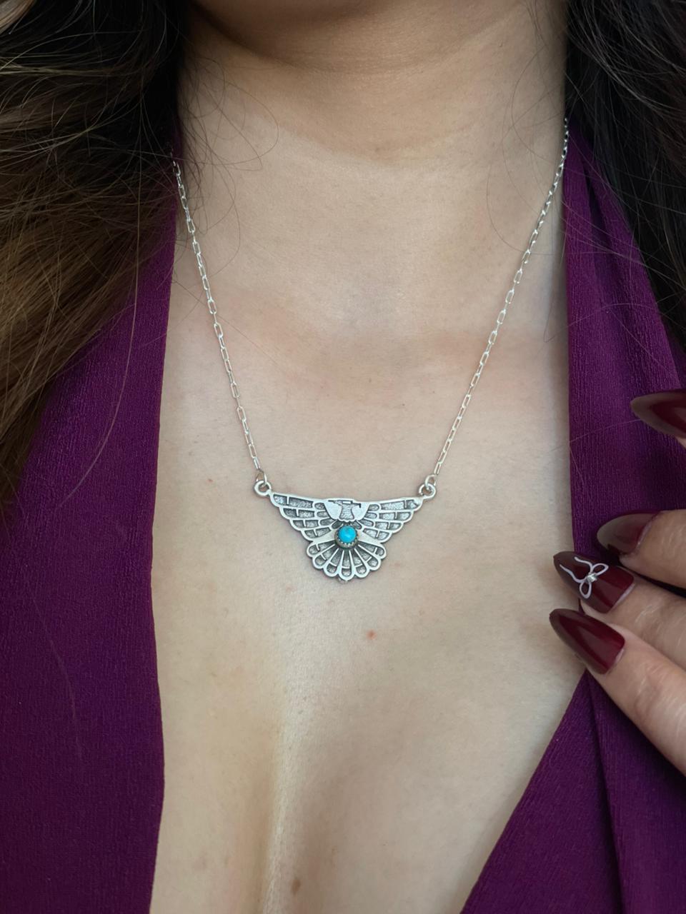 Handmade Sterling Silver Kingman Turquoise Thunder Bird Necklace "Signed Nizhoni"